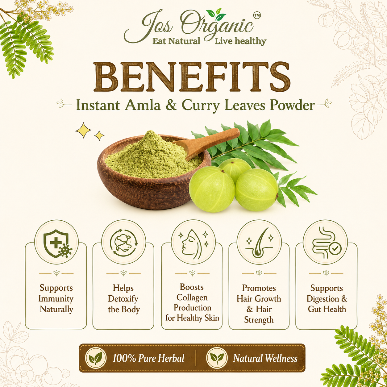 Jos Organic Instant Amla & Curry Leaves Juice Mix  Powder | 100% Pure Herbal Wellness Mix | Supports Immunity, Hair Health & Natural Detox