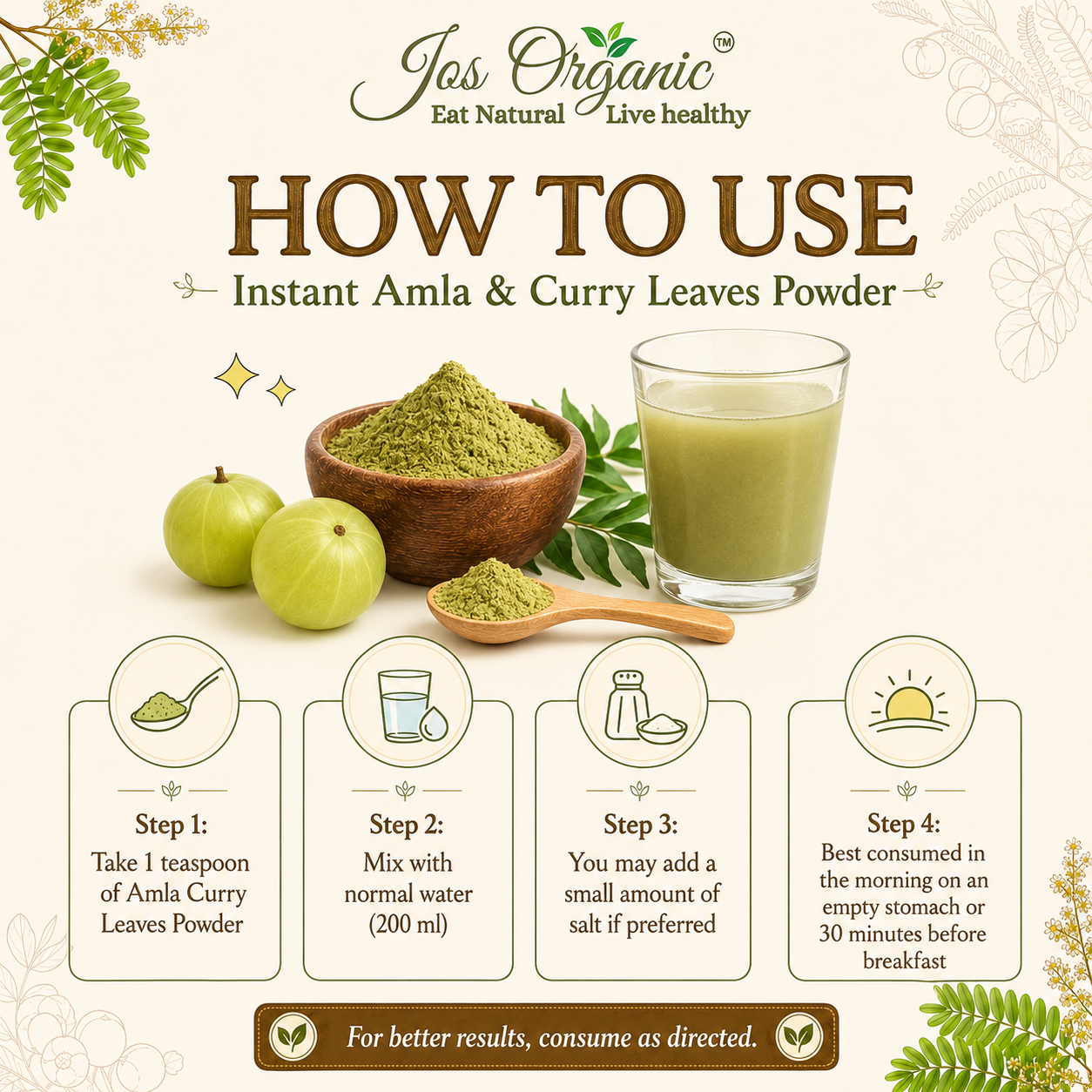 Jos Organic Instant Amla & Curry Leaves Juice Mix  Powder | 100% Pure Herbal Wellness Mix | Supports Immunity, Hair Health & Natural Detox
