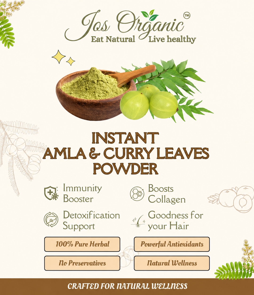 Jos Organic Instant Amla & Curry Leaves Juice Mix Powder | 100% Pure Herbal Wellness Mix | Supports Immunity, Hair Health & Natural Detox