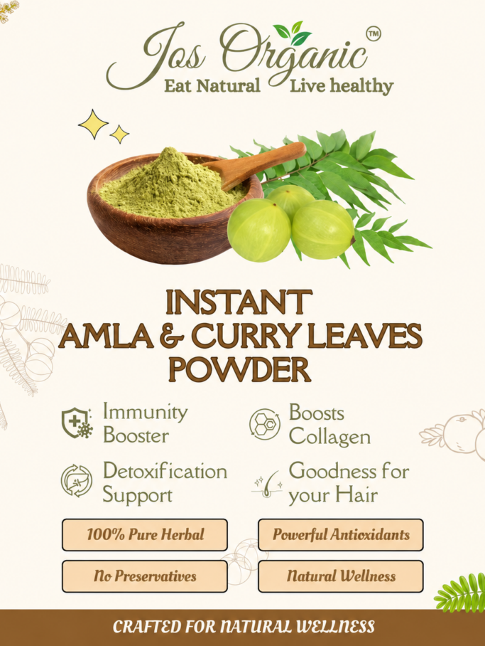 Jos Organic Instant Amla & Curry Leaves Juice Mix  Powder | 100% Pure Herbal Wellness Mix | Supports Immunity, Hair Health & Natural Detox