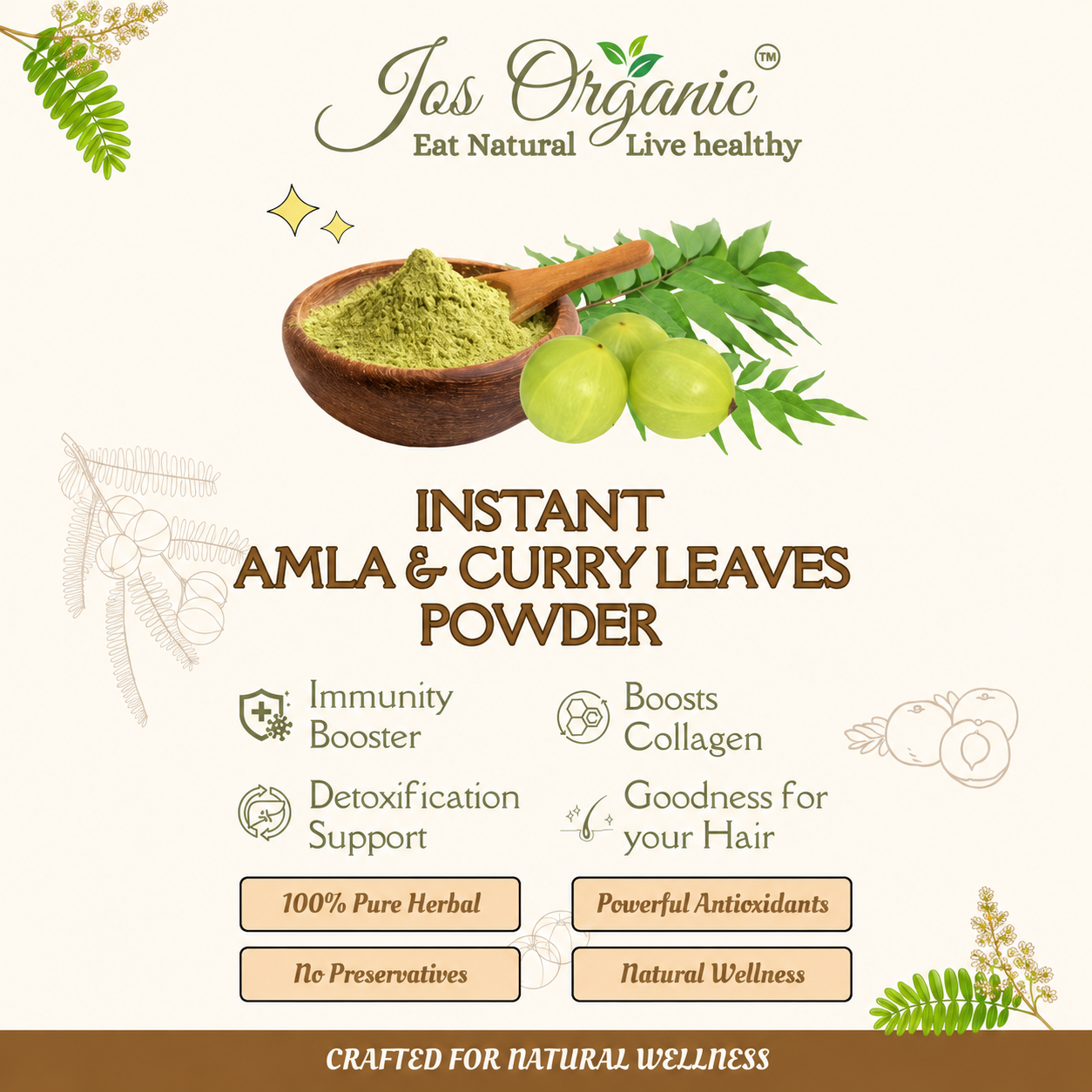 Jos Organic Instant Amla & Curry Leaves Juice Mix  Powder | 100% Pure Herbal Wellness Mix | Supports Immunity, Hair Health & Natural Detox