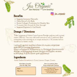 Jos Organic Instant Amla & Curry Leaves Juice Mix  Powder | 100% Pure Herbal Wellness Mix | Supports Immunity, Hair Health & Natural Detox